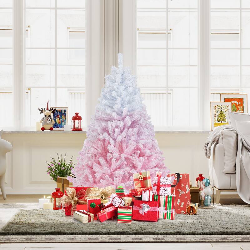 Gymax Artificial Christmas Tree Hinged Snow Flocked Xmas Tree w/ Lush - Pink, White
