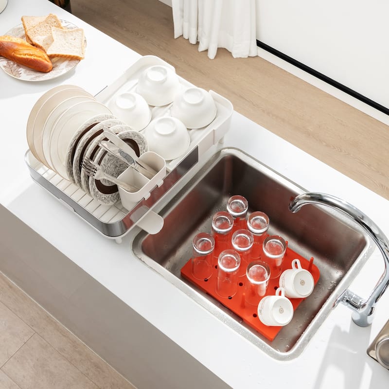 SUGIFT Expandable Dish Drying Rack Adjustable Dual-Part Dish Drainer with Detachable Utensil Holder