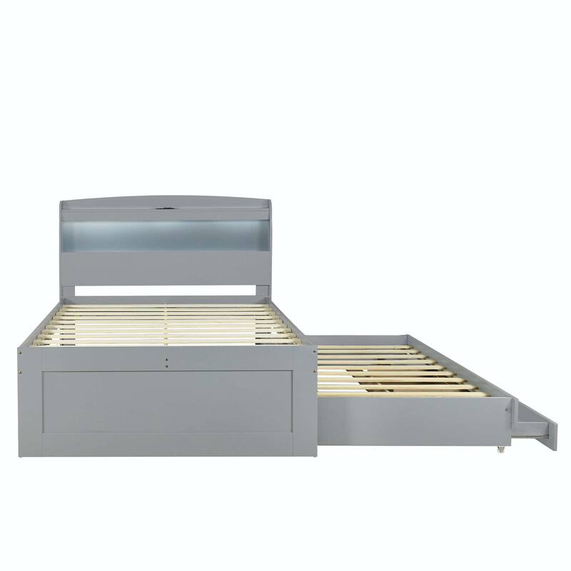 Platform Bed with Storage LED Headboard, Charging Station, Twin Size Trundle and 2 Drawers