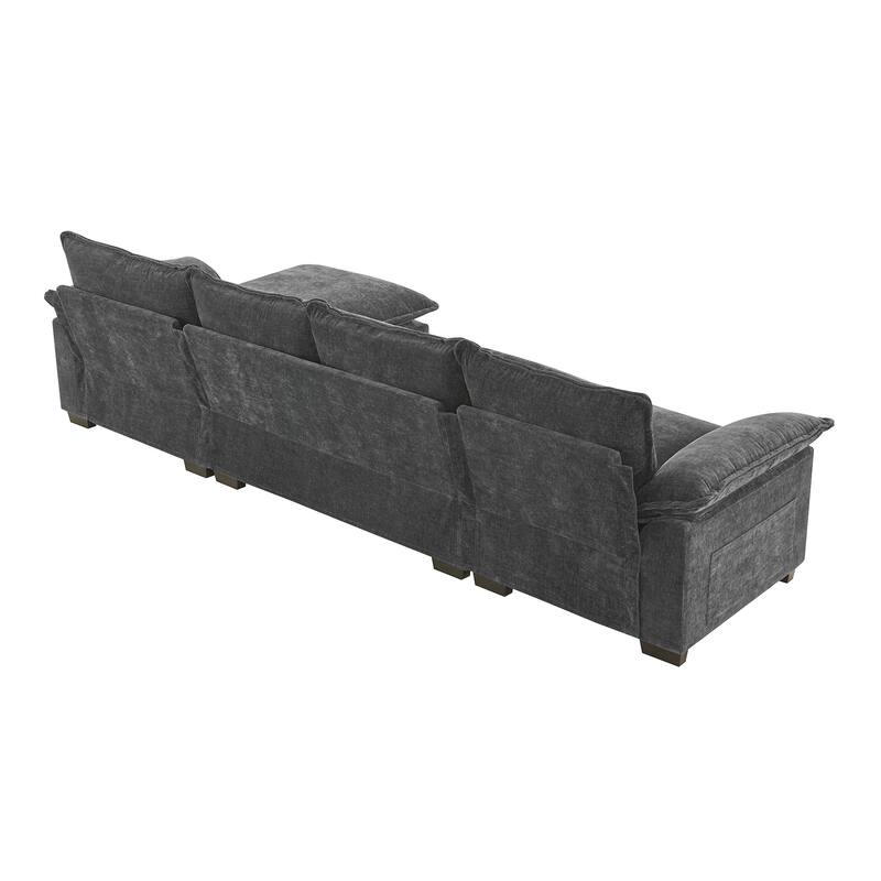 Chenille Upholstered Sectional Sofa with Chaise and Storage Pockets, 5 Seat Lounge Cloud Couch L-shaped Recliner Couches