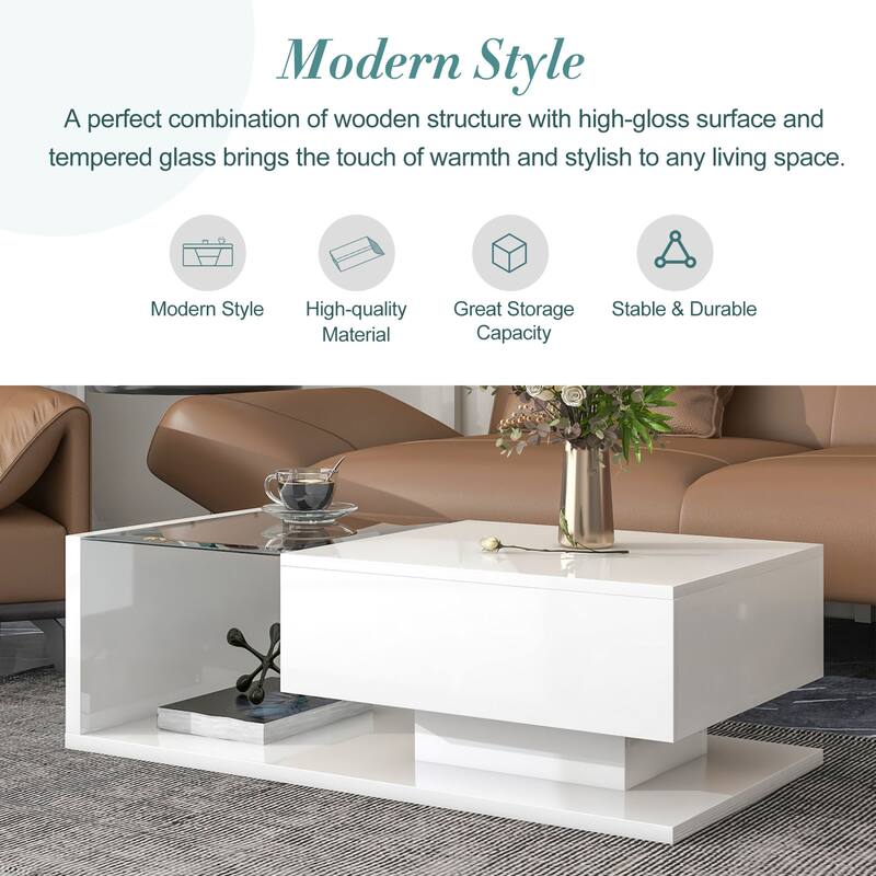 Contemporary Coffee Table with Tempered Glass & Wooden Base, 2-Tier Design, High Gloss UV Surface for Living Room, Black
