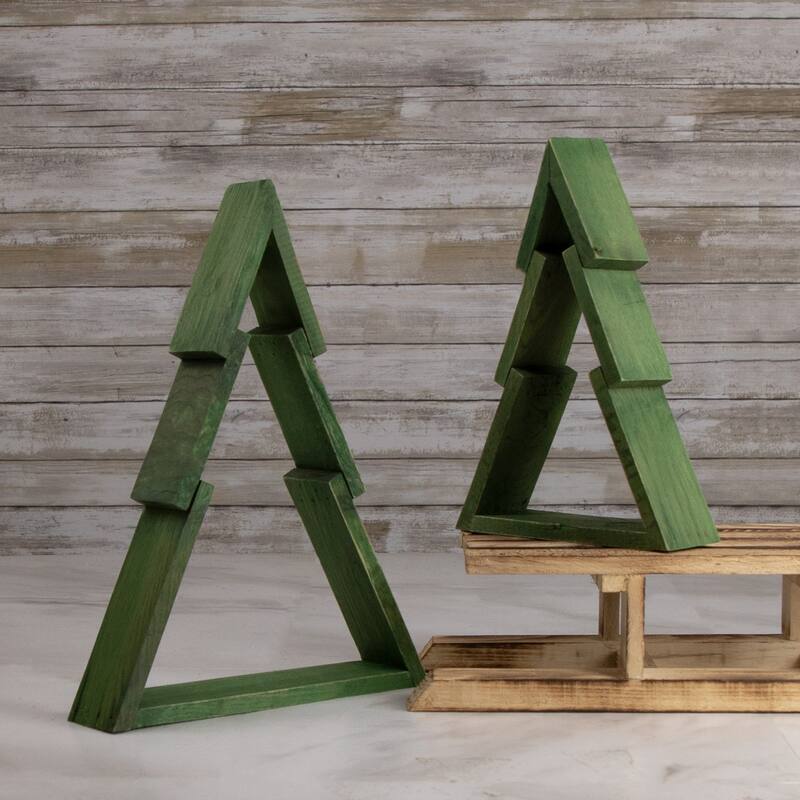 Geometric Wooden Christmas Tree Display - 12" - Green