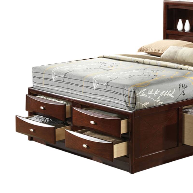 Simo Queen Bed, Bookcase Headboard, Footboard and Rail Drawers, Brown