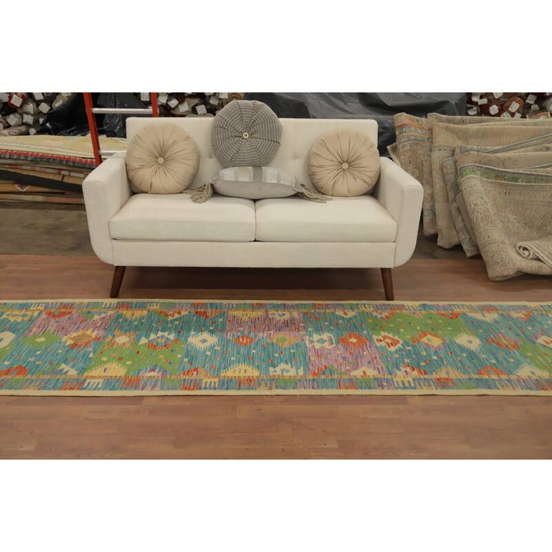 Hand Woven Oriental 100% Wool Carpet Southwestern Tribal Navy Blue & Blues Kilim Runner Rug - 9' 9'' X 2' 9''