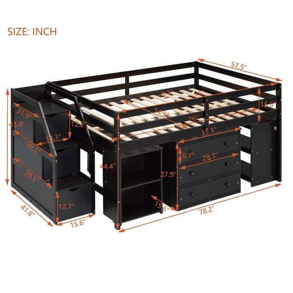 dimension image slide 3 of 6, Full Size Loft Bed with Retractable Writing Desk and 3 Drawers, Wooden Bed with Storage Stairs and Shelves