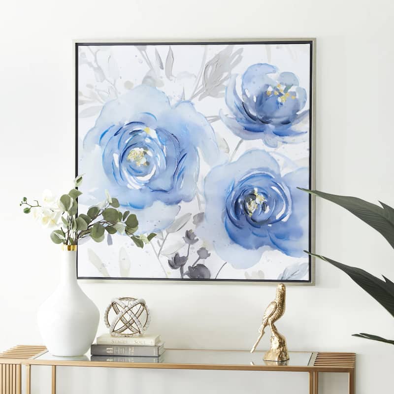 Canvas Floral Framed Wall Art with Silver Frame - Blue - Roche River Decor