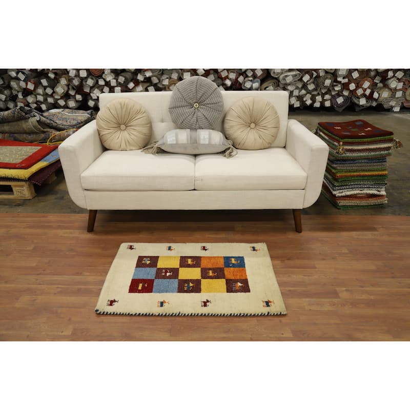 Hand Knotted Oriental 100% Wool Carpet Tribal Animal Pictorial Beige & Ivories Gabbeh Area Rug - 3' 1'' X 2' 0''