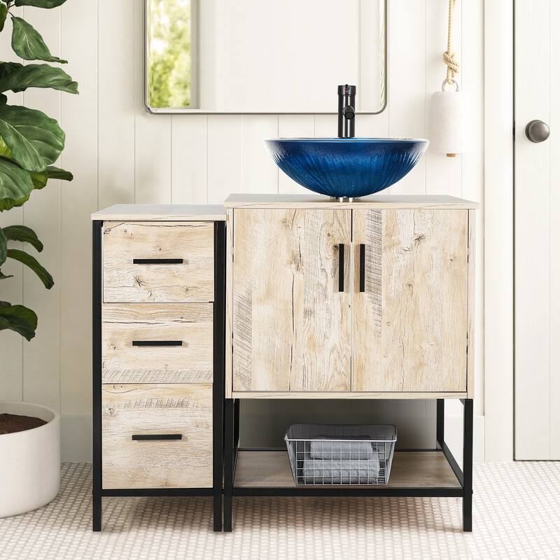 36" Bathroom Vanity Cabinet W/ Sink Faucet Drain Set Top Side Cabinet Combo - blue round sink