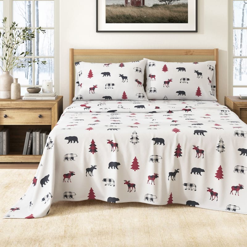 Linery & Co. Turkish Cotton Double-Brushed Christmas Flannel Bed Sheet Set - Twin - Checkered Moose