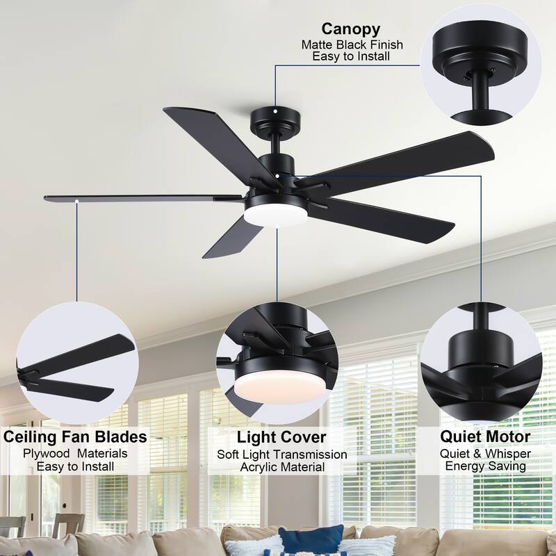 YUHAO Kaleido 52 in. Indoor Matte Black 3-Colors Integrated LED 6-Speeds Ceiling Fans with Dual-Finish Blades and Remote Control