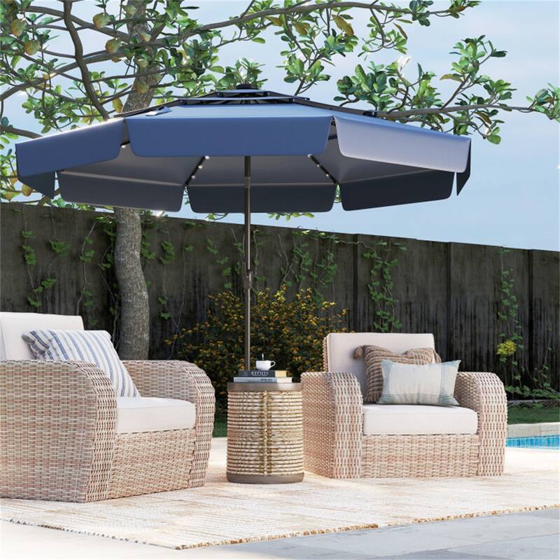 Outdoor 10 ft Umbrella with 3-Tier Venting Solar LED Lights Tilt and Crank for Poolside or Garden