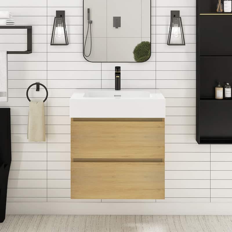 Floating Bathroom Vanity with Solid Surface Top - 24'' x 18.1'' x 25.2'' - Oak