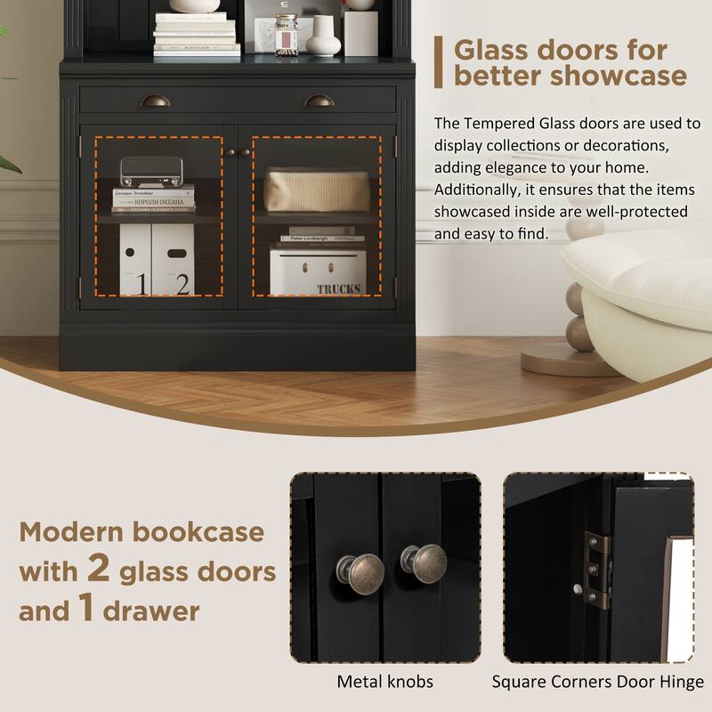 83.4"Tall Bookshelf with LED Lighting, Modern Bookcase with 2 Glass Doors and 1 Drawer