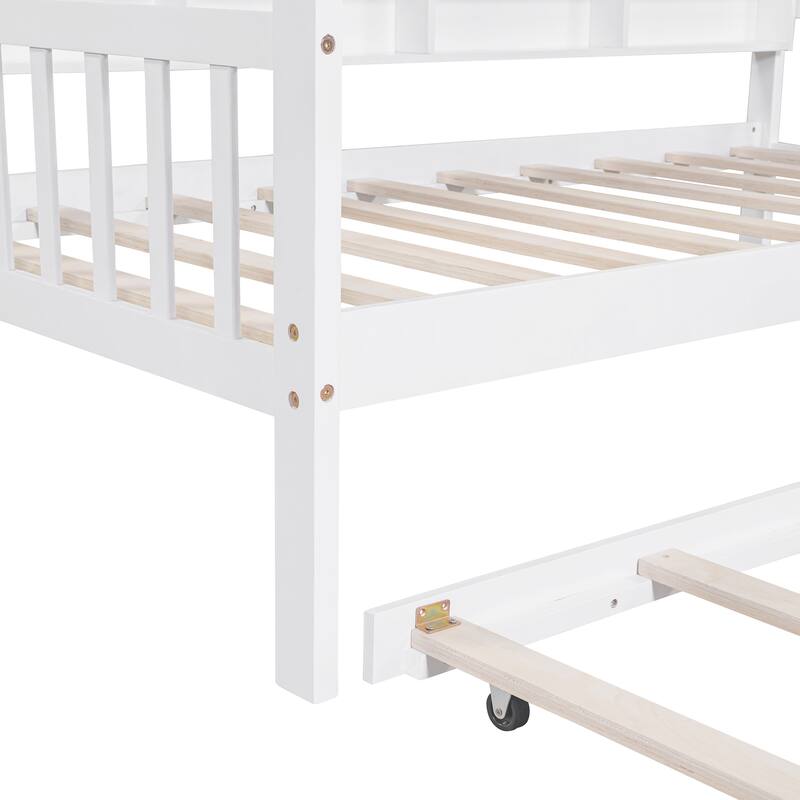 White Twin Size House Bed with Trundle and Shelf for Kids, Space-Saving Design, Semi-Enclosed Play Area
