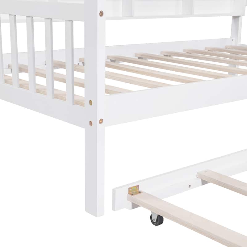 Wooden House Bed Frame with Trundle Bed, Kids Playhouse Bed Frame with Side Bookshelves and Roof