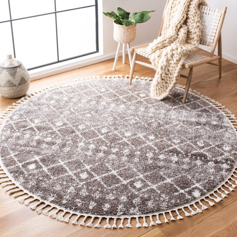 SAFAVIEH Berber Fringe Mirveta Liller Trellis Area Rug - 6'7" Round - Brown/Ivory