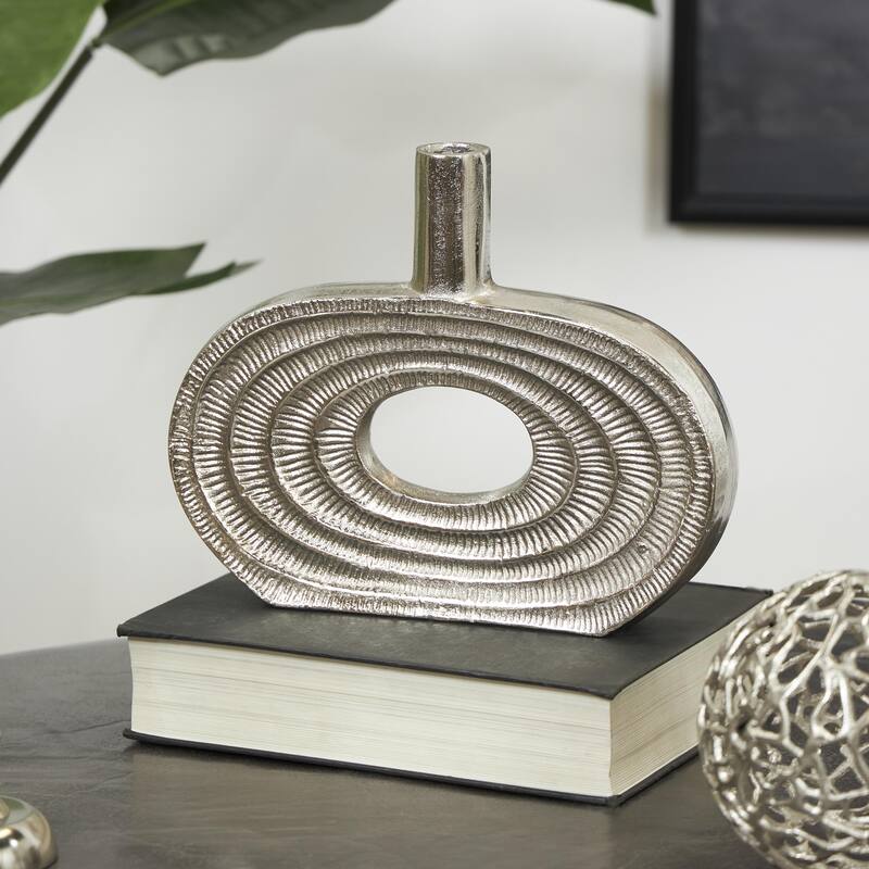 Aluminum Metal Geometric Circular Decorative Vase with Linear Etchings - Gold or Silver - Roche River Decor