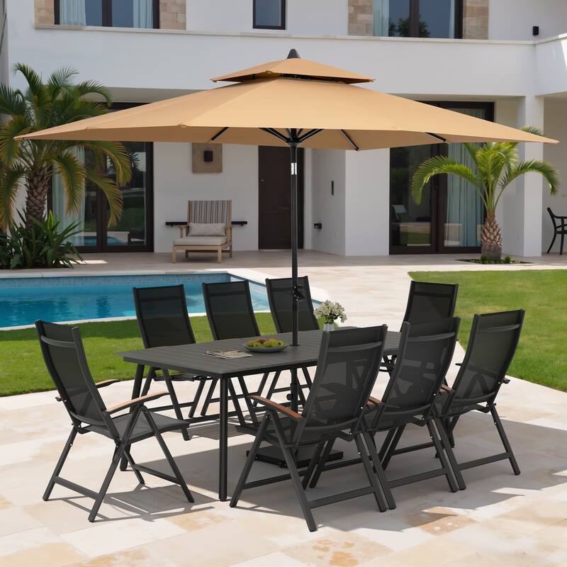 11PC Outdoor Patio Dining Set Aluminum Table with Folding Armchairs w/ Premium Market Umbrella Sets - GreyTable&BlackChairs&TanUmbrella