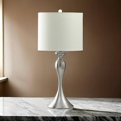 Omi 25 Inch Table Lamp, Drum White Shade, Sleek Modern Brushed Silver Body