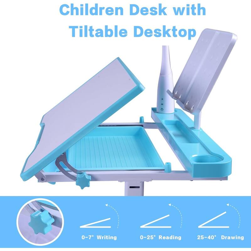 Adjustable Kids Desk and Chair Set with Tilt Desktop LED Lamp Storage Accessories Ergonomic Study - 15.0" x 15.0" x 21.3"-30"