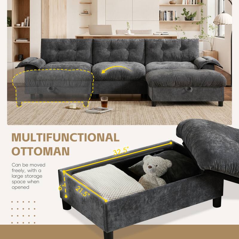 Chenille Tufted L-Shape Sectional Sofa with Storage Ottoman, Pockets and All-in-one Armrest with Dual-Port Charging, Cup Holder