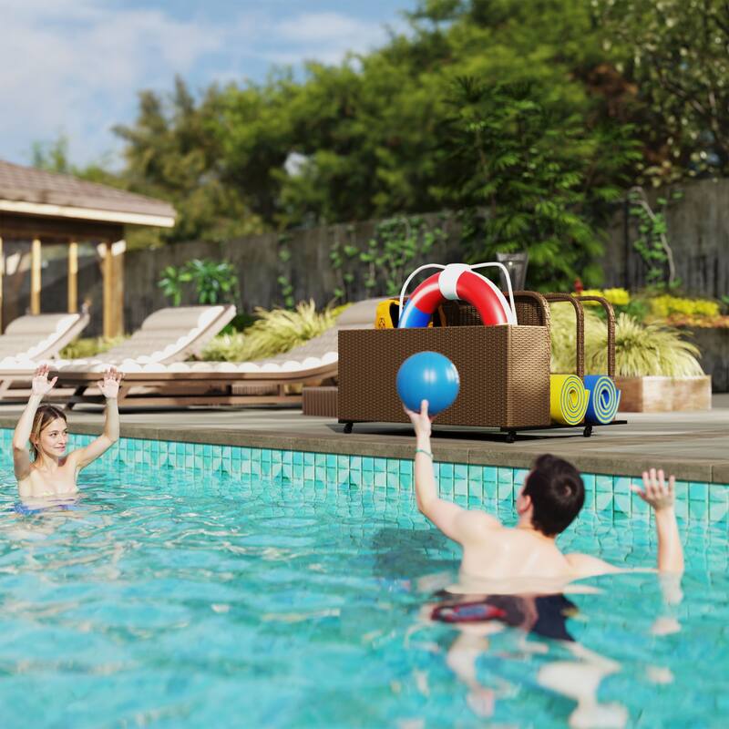 Outdoor Pool PE Rattan Float Storage Organizer with Three Sections and Wheels Steel Frame - 43.25" L x 36.8" W x 29.5" H
