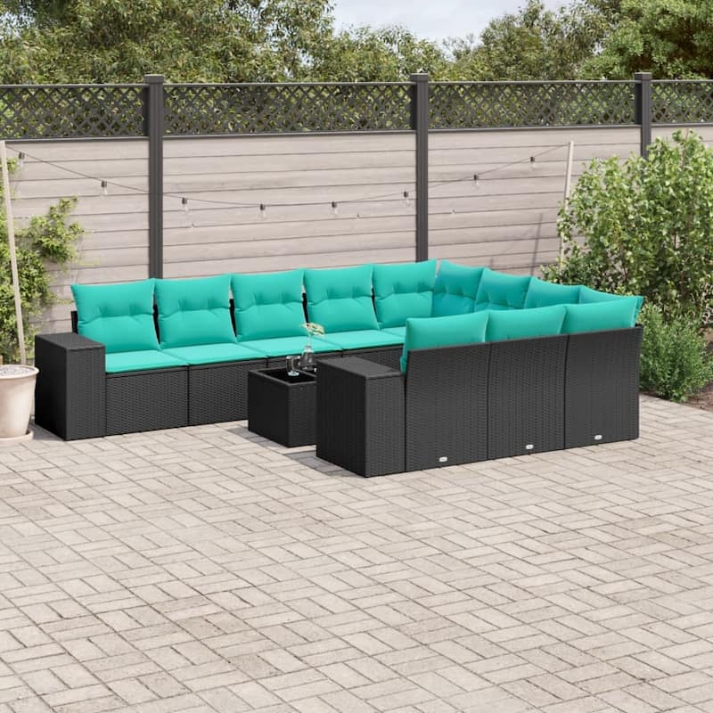 vidaXL 10 Piece Patio Sofa Set with Cushions Black Poly Rattan - 24.4 x 24.4 x 27.2-Without table