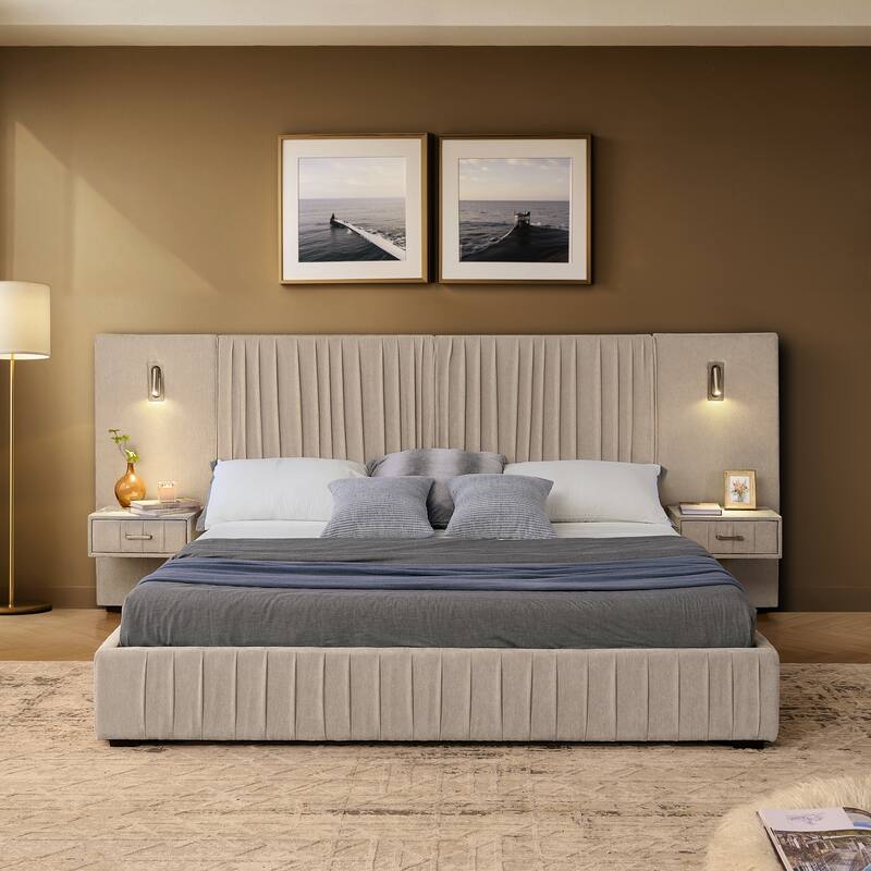 Queen Upholstered Bed Frame with Headboard, Chenille Fabric & No Box Spring