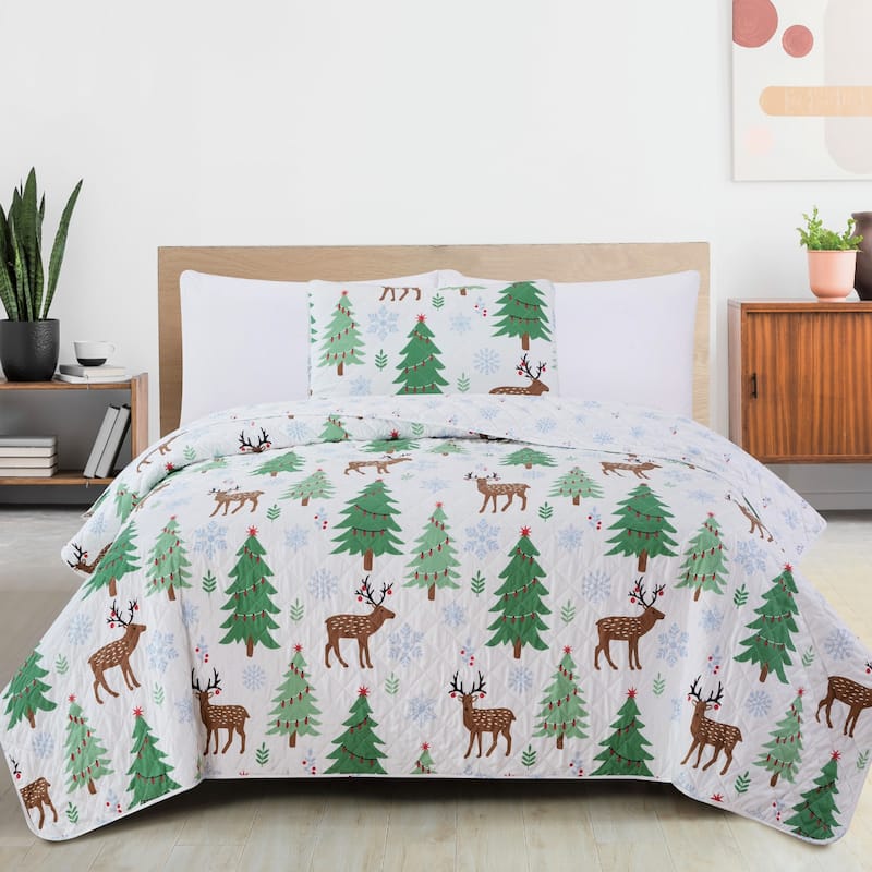 Premium Christmas Trees Microfiber Quilt Set With Shams - Deer / Trees / Snow - Twin