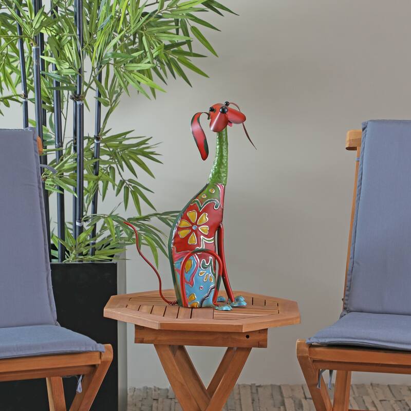 Multi Colored Metal Indoor Outdoor Dog Garden Sculpture with Floral Pattern - Multi Colored -6"W, 19"H