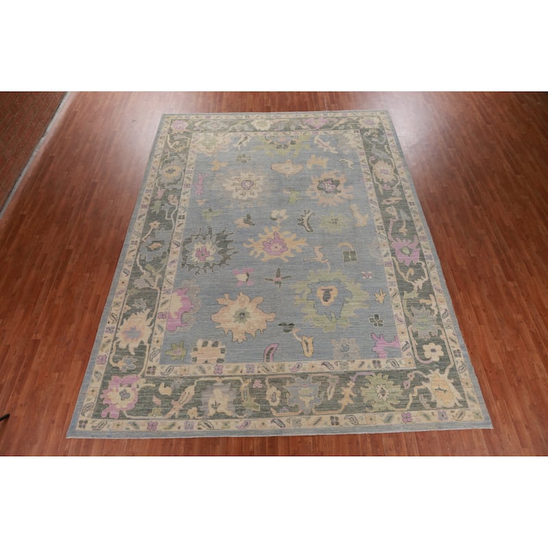 Hand Knotted Oriental 100% Wool Carpet Transitional All-Over Navy Blue & Blues Oushak Area Rug - 13' 7'' X 10' 0''