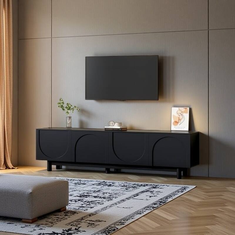 70'' Minimalist TV Stand with Arch Cabinet Doors & Solid Wood Legs, Adjustable Shelves & Cable Management - Black