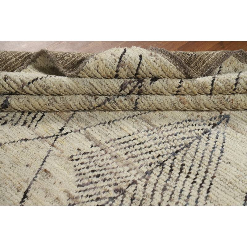 Geometric Moroccan Oriental Rug Handmade Geometric Beige Wool Carpet - 6'9" x 9'7"