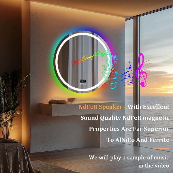 Smart Colorful RGB LED Illuminated Fog free Extra Large Bathroom Mirror with Bluetooth Speakers Digital Display On Sale Bed Bath Beyond 41259574