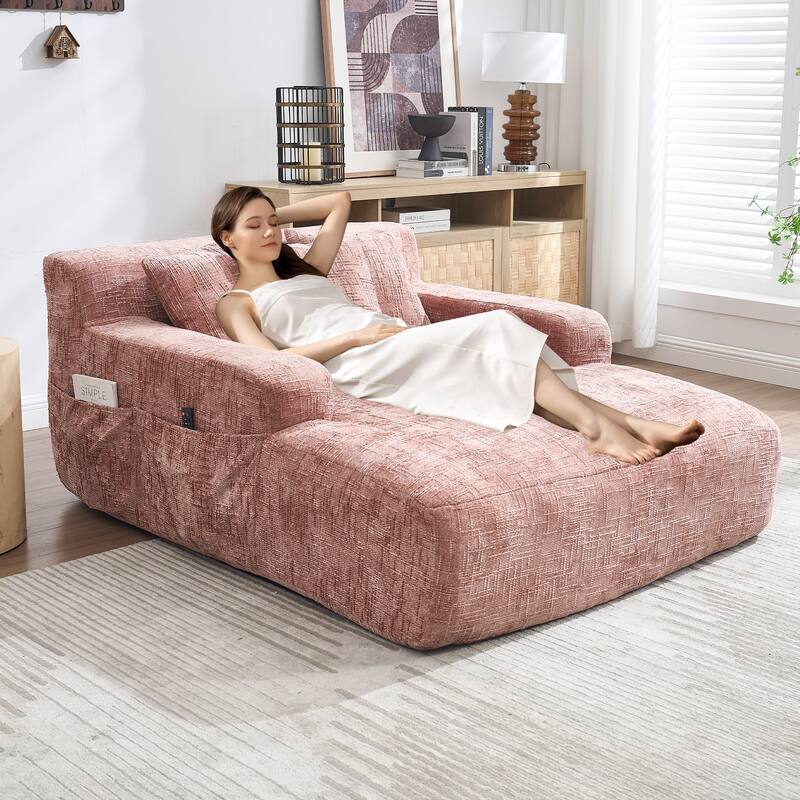 Chenille Lazy Sofa Chaise Lounge with Pillows - Convertible Armchair with Armrests, Multi-Position Sleeper for Living Room - Pink