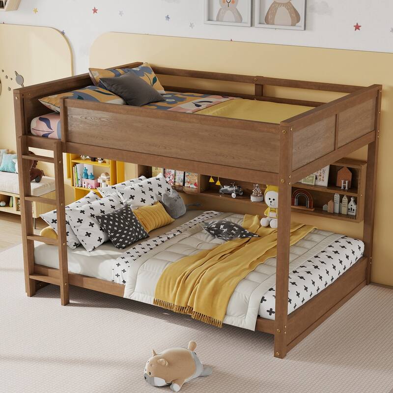 Queen Over Queen Bunk Bed with Storage Cabinets, Charging Station, Ladder, Safety Guardrails, Solid Pine Wood