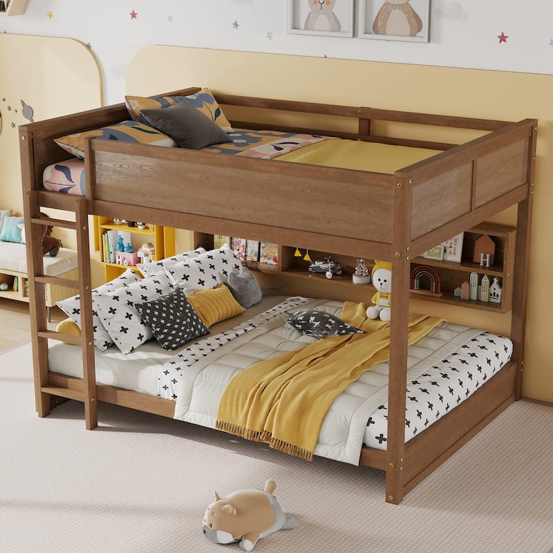 Queen Over Queen Size with Underbed Storage Bookcase and Charging Station, Wood Bunk Bed Frame with Panel Guardrails and Ladder - Wheat - Queen