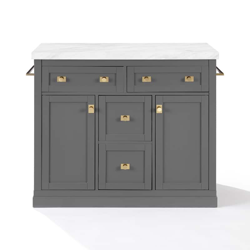 Gray Kitchen Island with White Faux Marble Countertop, Cabinets, Drawers, and Elegant Hardware for Modern Homes