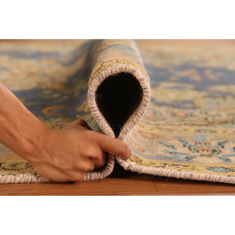 Hand Knotted Oriental 100% Wool Carpet Traditional Floral Navy Blue & Blues Tabriz Area Rug - 9' 10'' X 6' 7''