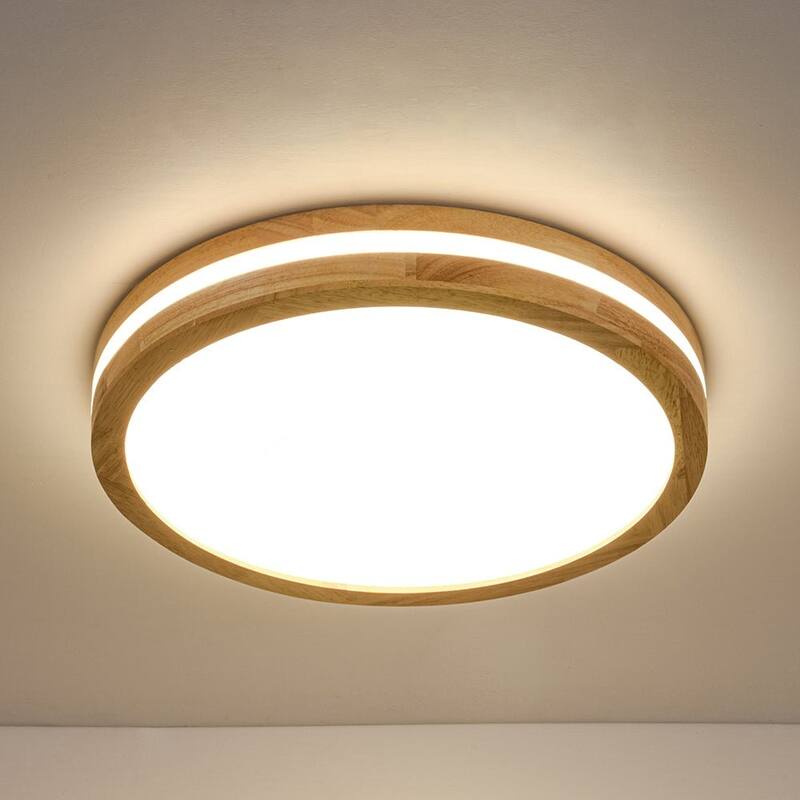 Coastal-style Circular Nested Halo Wood Dimmable LED Flush Mount - 15.7 in