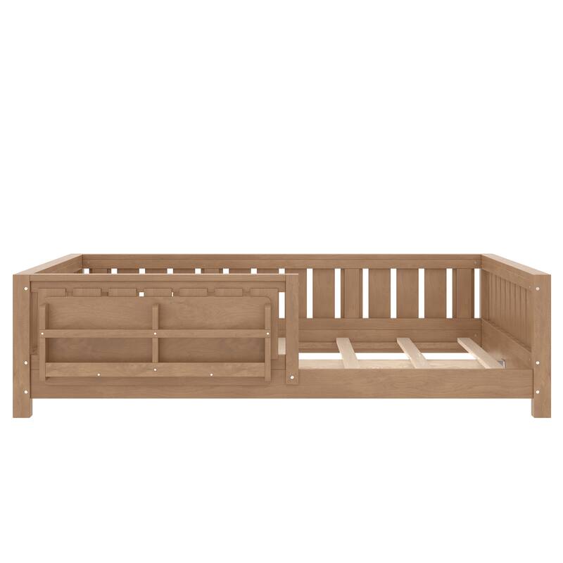Low Profile Montessori Bed Floor Platform Bed with Fence and Bookshelf