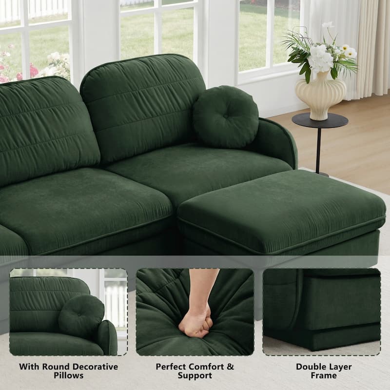 105" Chenille Sectional Sofa with 2 Round Pillows and 2 Movable Ottomans