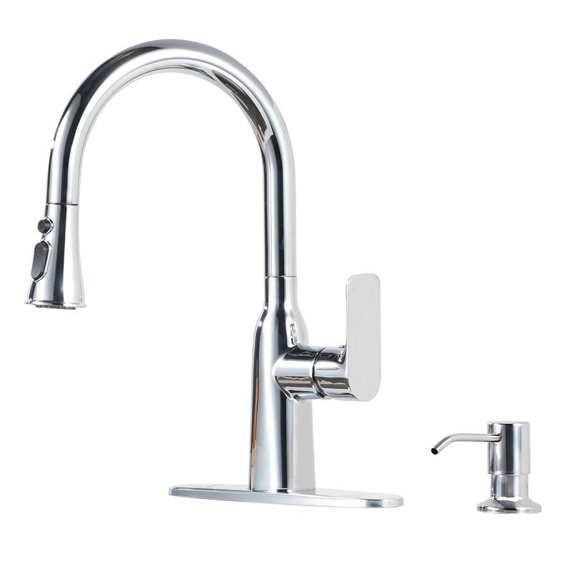 WOWOW Pull-Down Sprayer Kitchen Faucet with Soap Dispenser - Polished Chrome