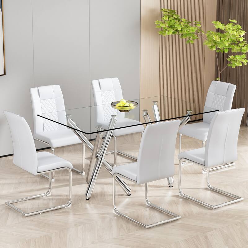 Leather Dining Chair Set of 6 Office Chair with C-Shaped Metal Legs - White