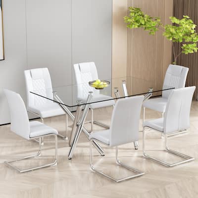 White Leather Dining Chair Set of 6 Office Chair w/C-Shaped Metal Legs