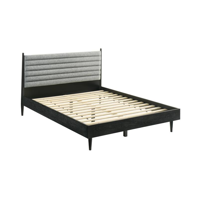 Artemio Black or Walnut Wood Queen Platform Bed Frame with Grey Upholstered Headboard
