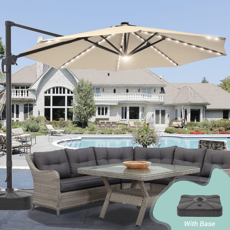 LIVOOSUN 11Ft Aluminum LED Patio Cantilever Offset Umbrella With Base