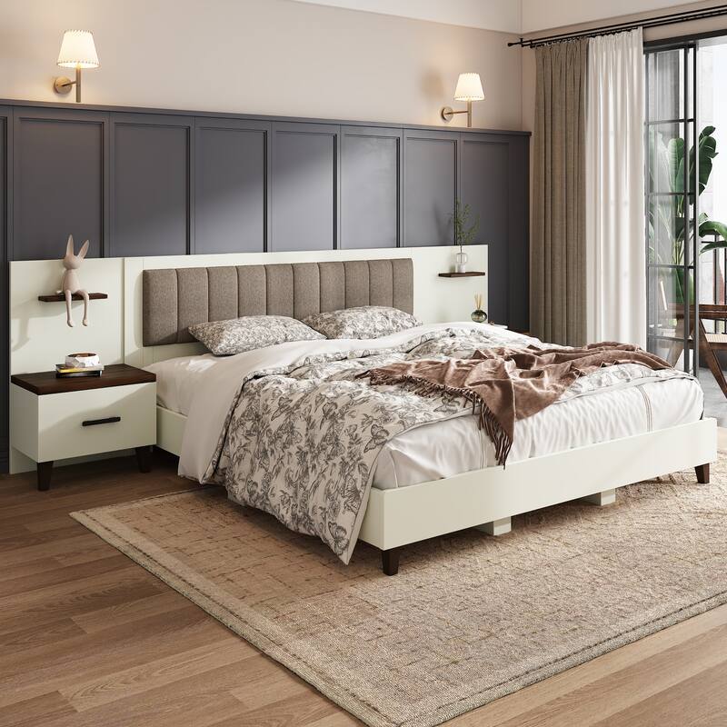Christopher Knight Home- Orinthia Upholstered Bed Frame with 2 Nightstands