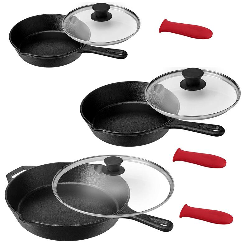 MegaChef Pre-Seasoned 7Pc CastIron Skillet Set w/Lids, Red Holder