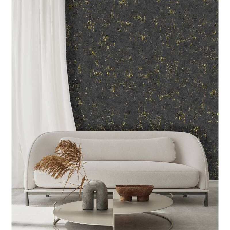 Dark Gray Gold Smooth Fabric Wallpaper, 3D Faux Cork Black Gold Shimmering Design - Double Roll